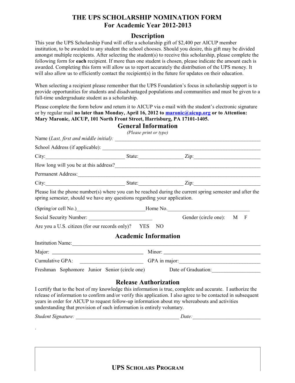 The UPS Scholarship Nomination Form