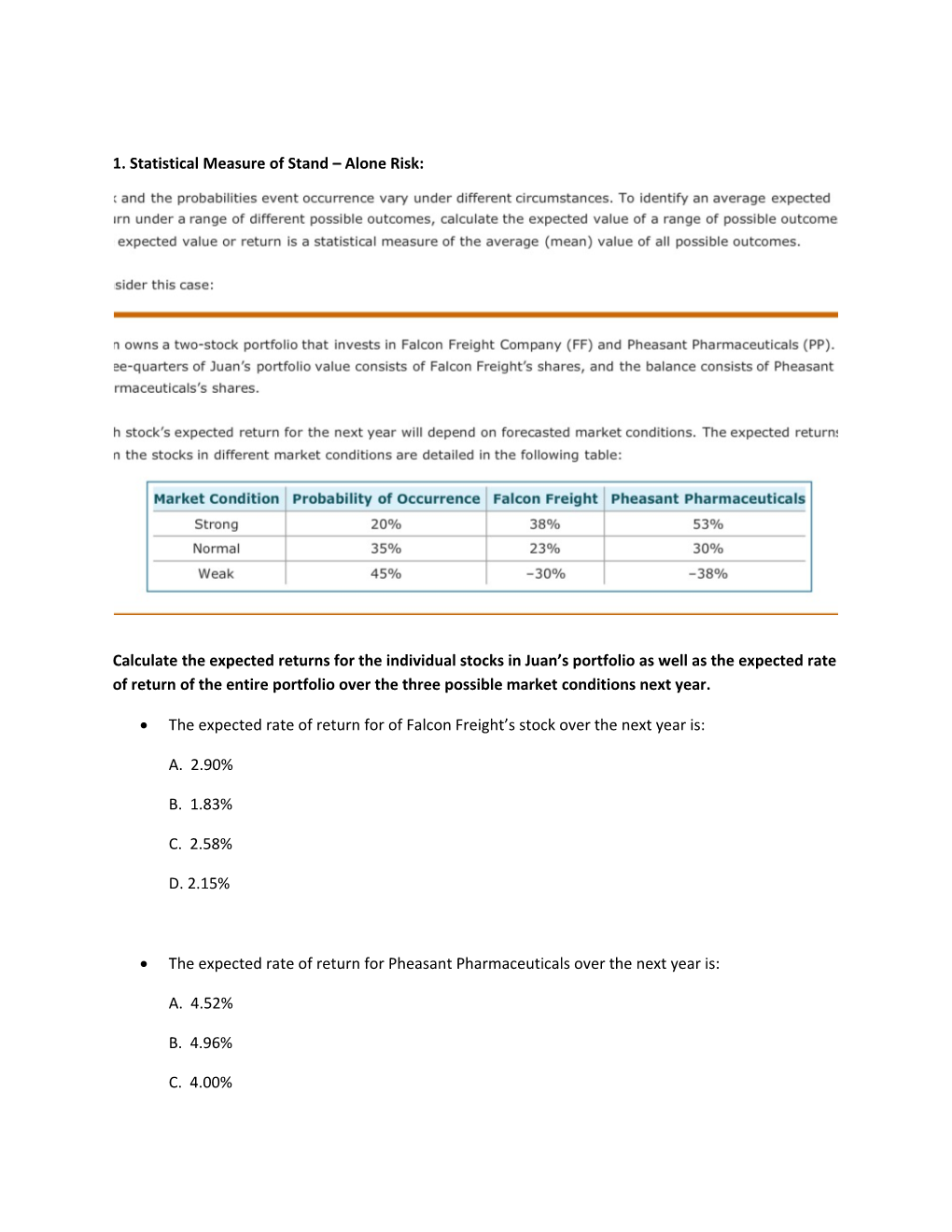 1. Statistical Measure of Stand Alone Risk