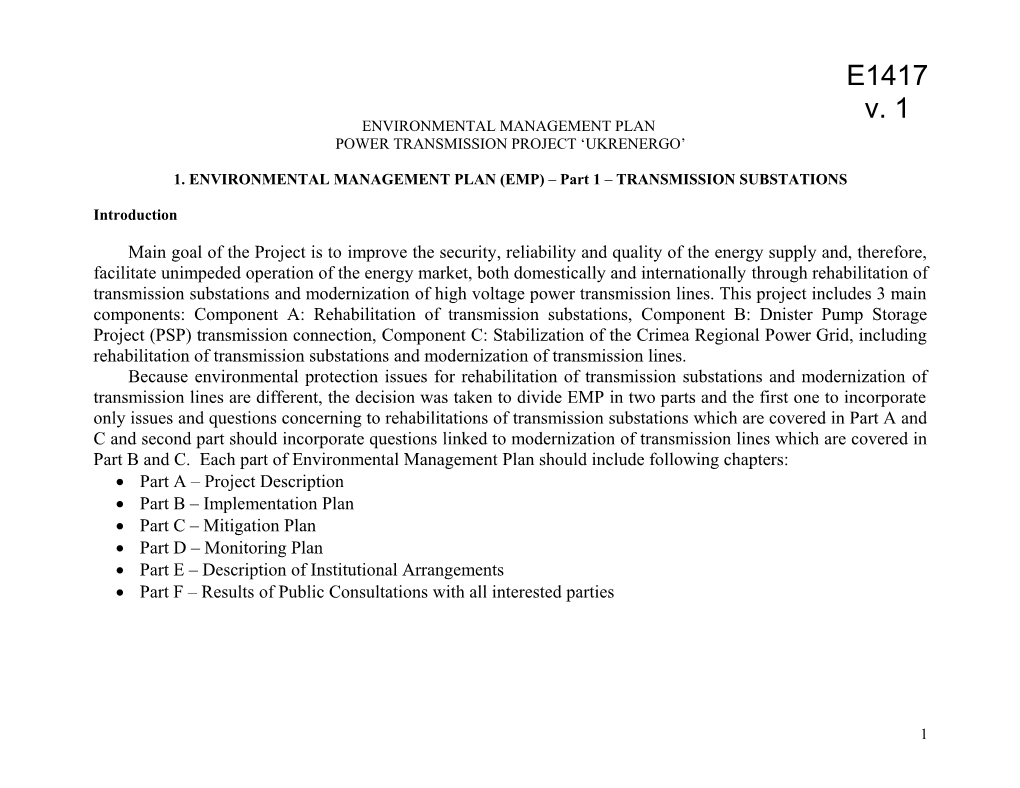 1. ENVIRONMENTAL MANAGEMENT PLAN (EMP) Part 1 TRANSMISSION SUBSTATIONS