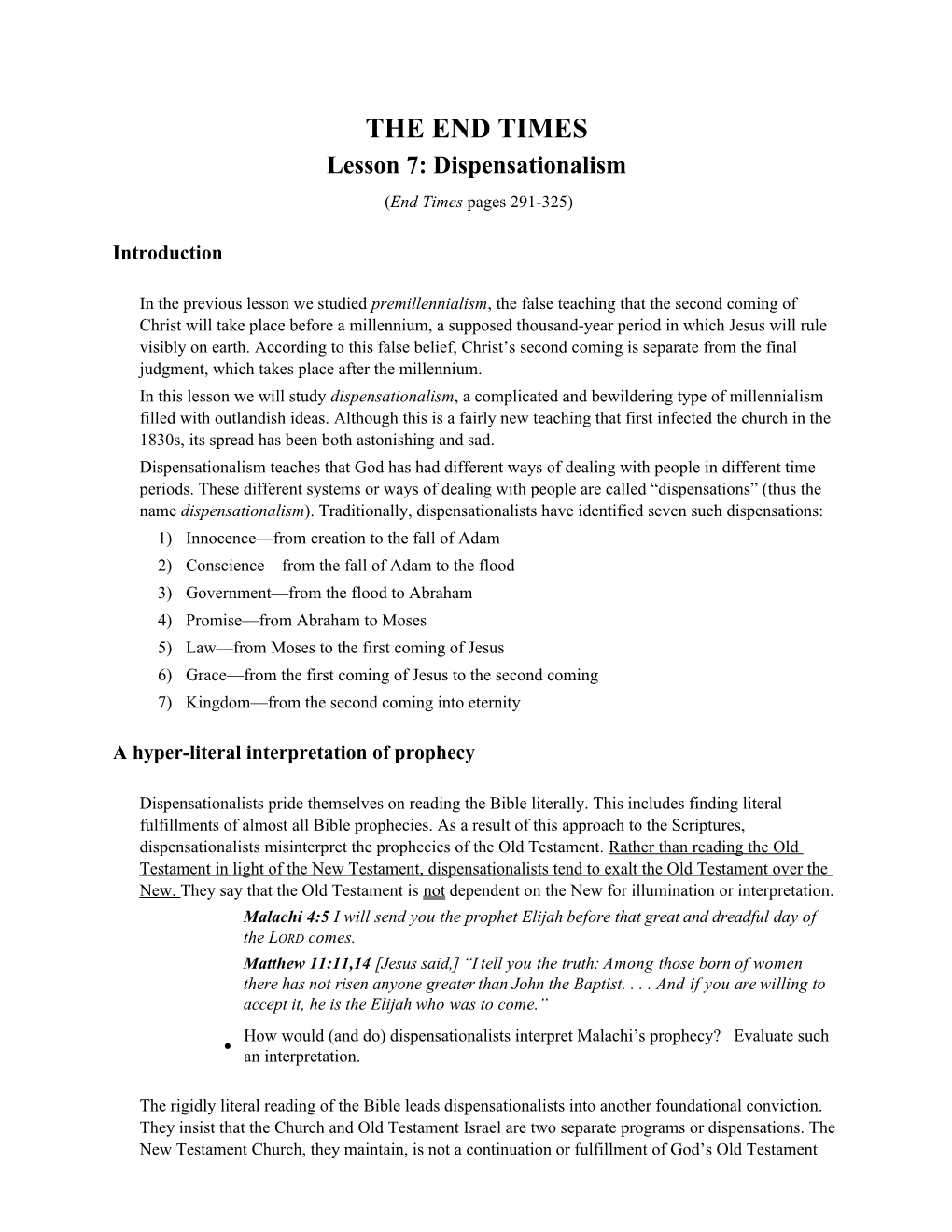 Lesson 7: Dispensationalism