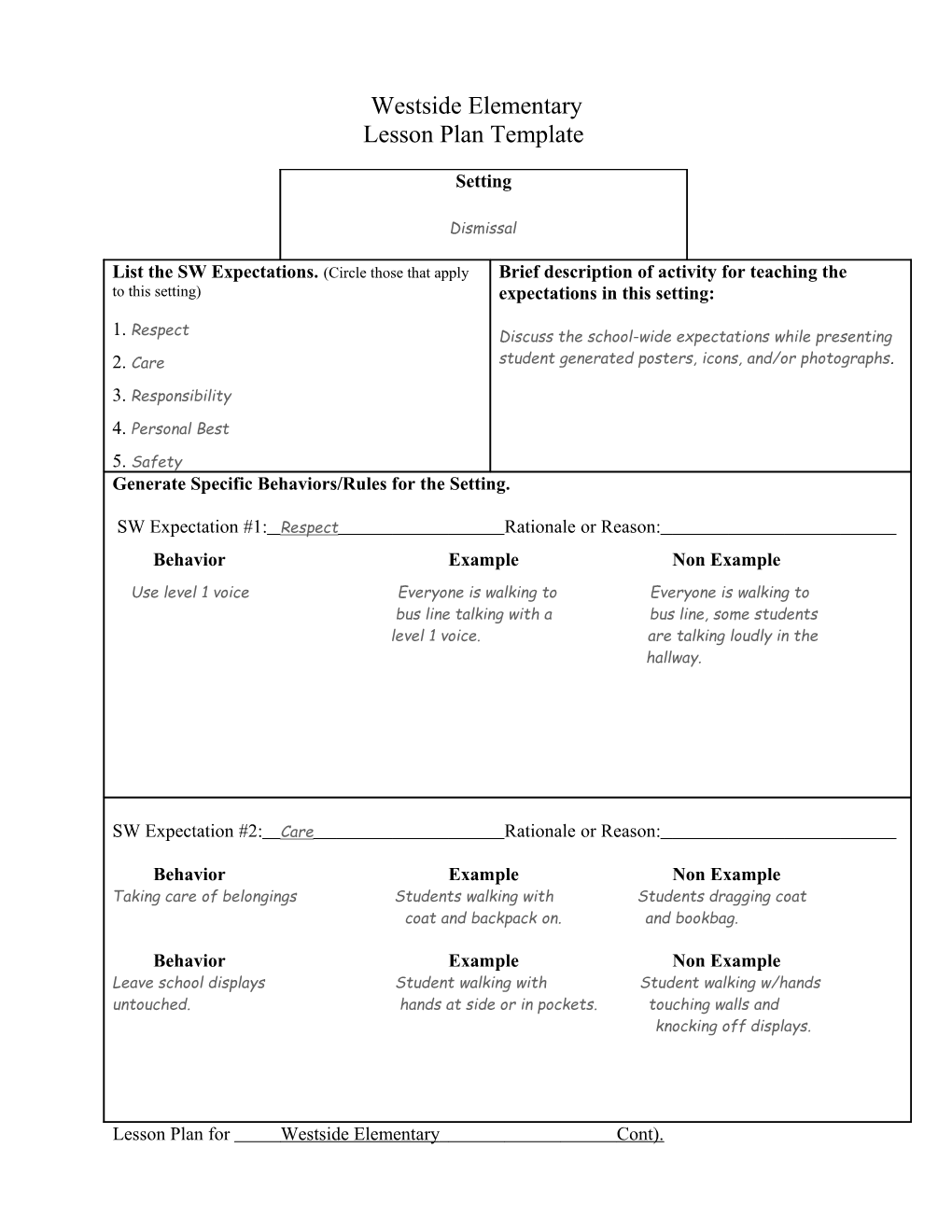 Lesson Plans for Teaching the SW-Expectations in Non-Classroom Locations