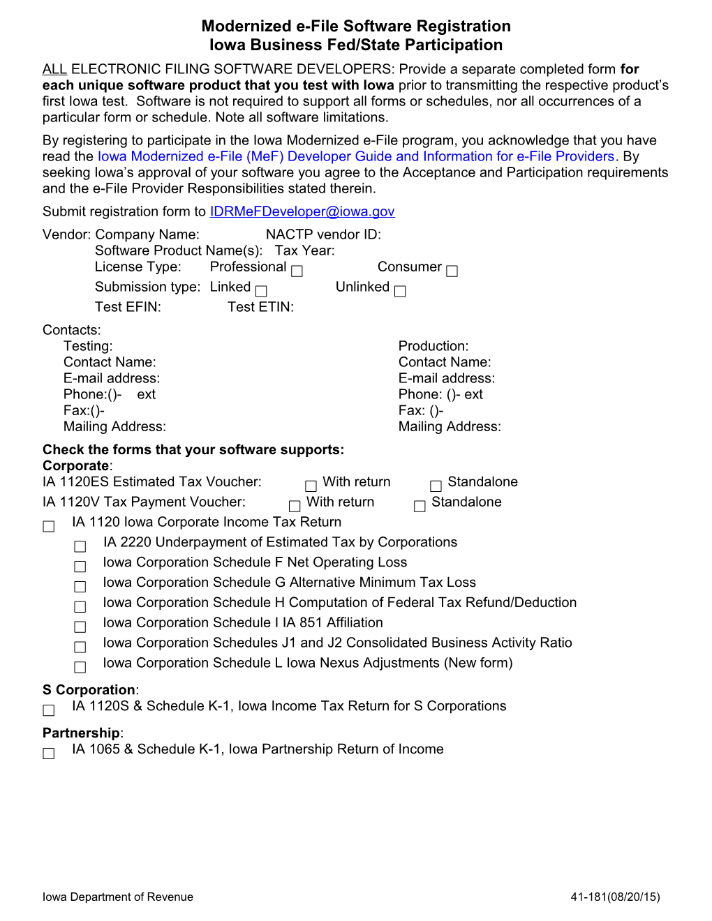 Iowa Software Developer Intent Response Form - Tax Year 2007