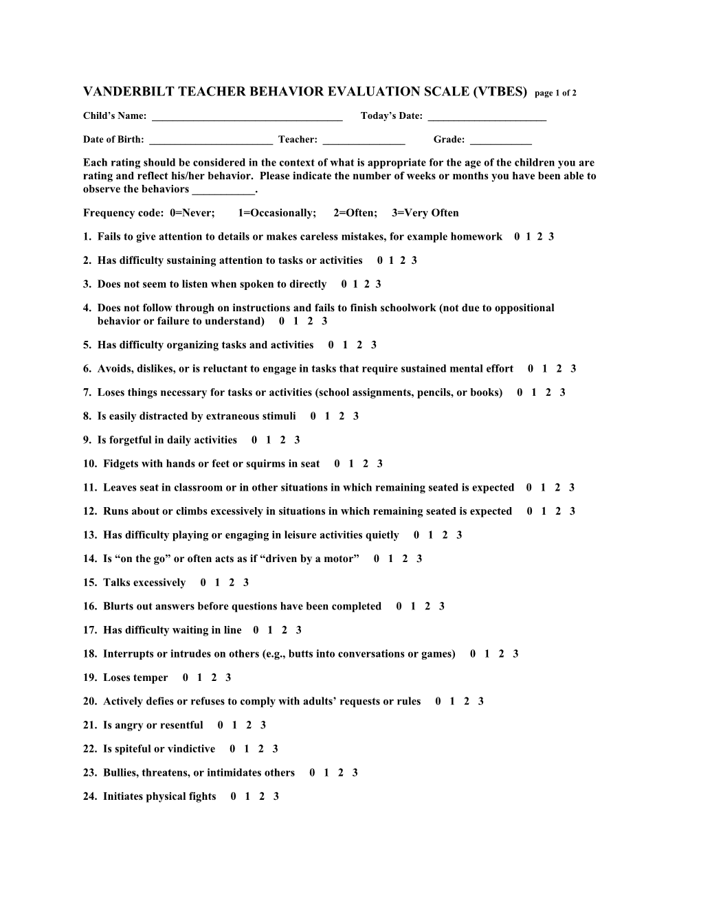 VANDERBILT TEACHER BEHAVIOR EVALUATION SCALE (VTBES) Page 1 of 2