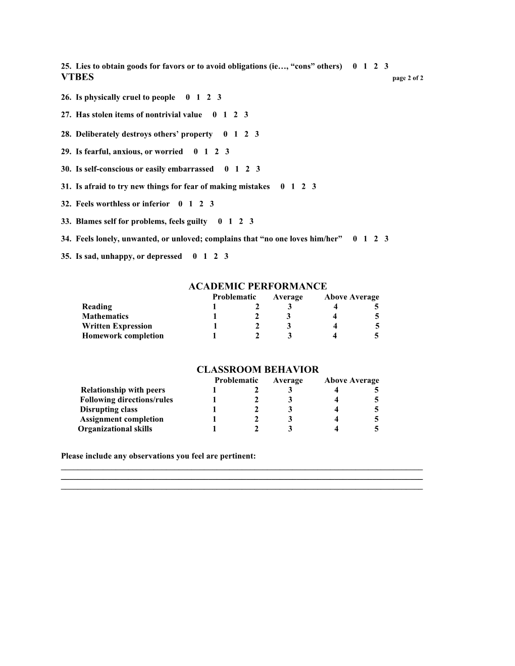 VANDERBILT TEACHER BEHAVIOR EVALUATION SCALE (VTBES) Page 1 of 2