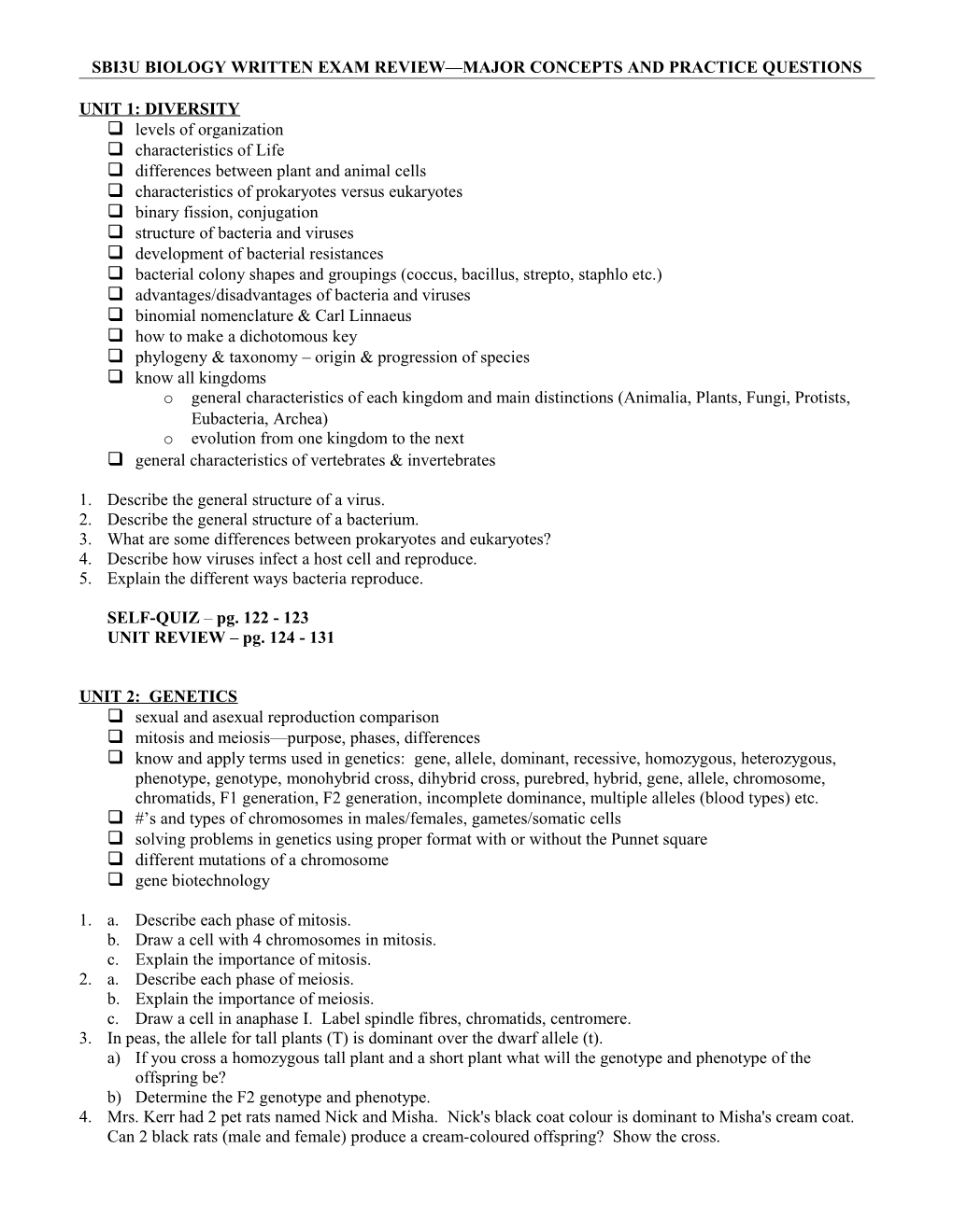 Biology Exam Review Major Concepts and Practice Questions