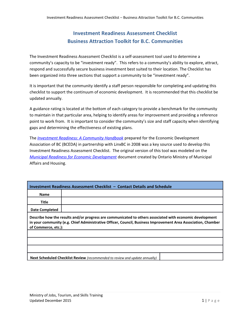 Community Business Readiness Assessment Checklist