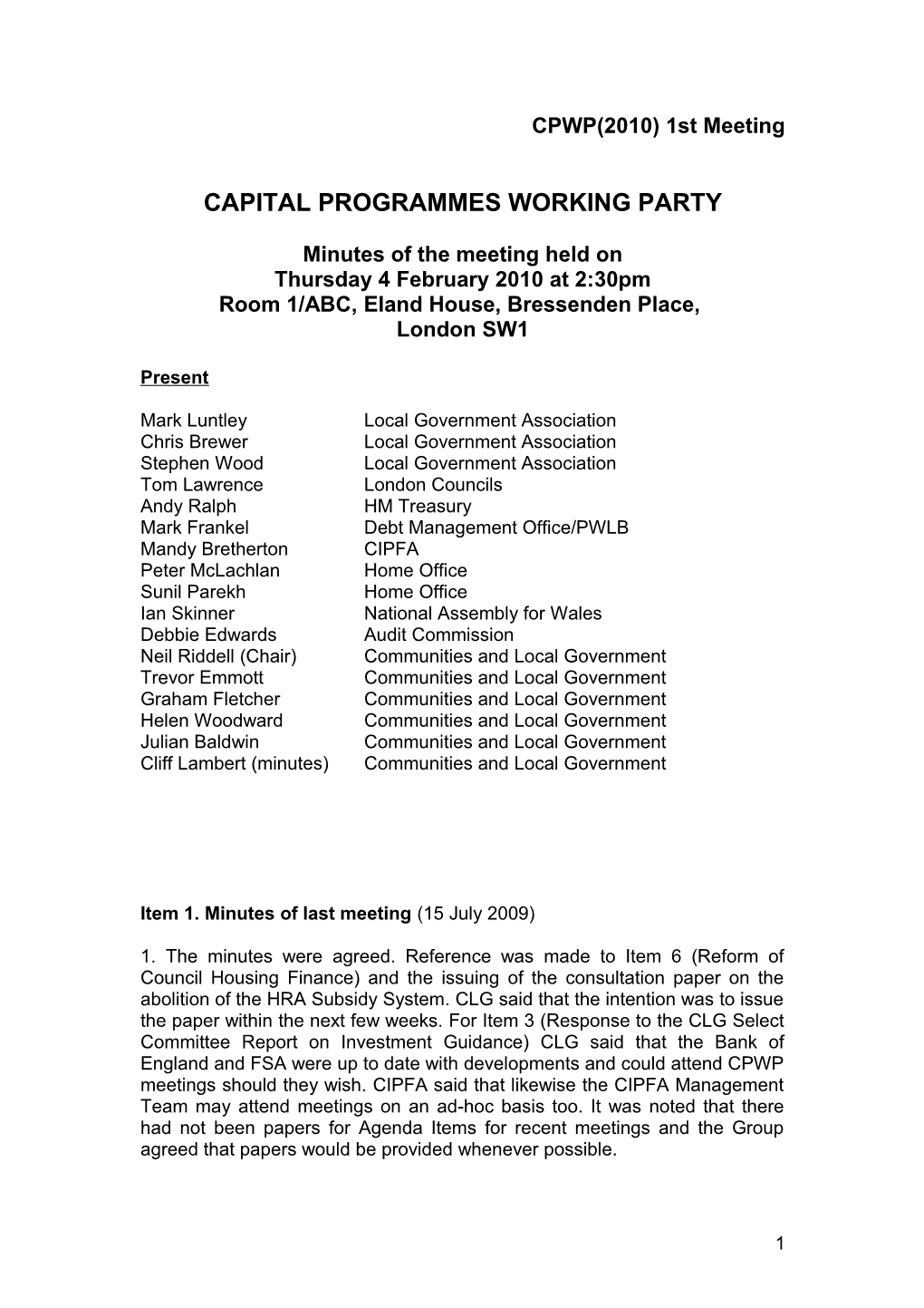 CAPITAL PROGRAMME WORKING PARTY - Minutes