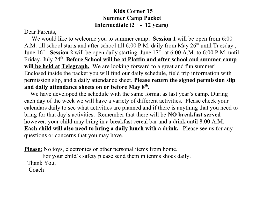 Summer Camp Packet