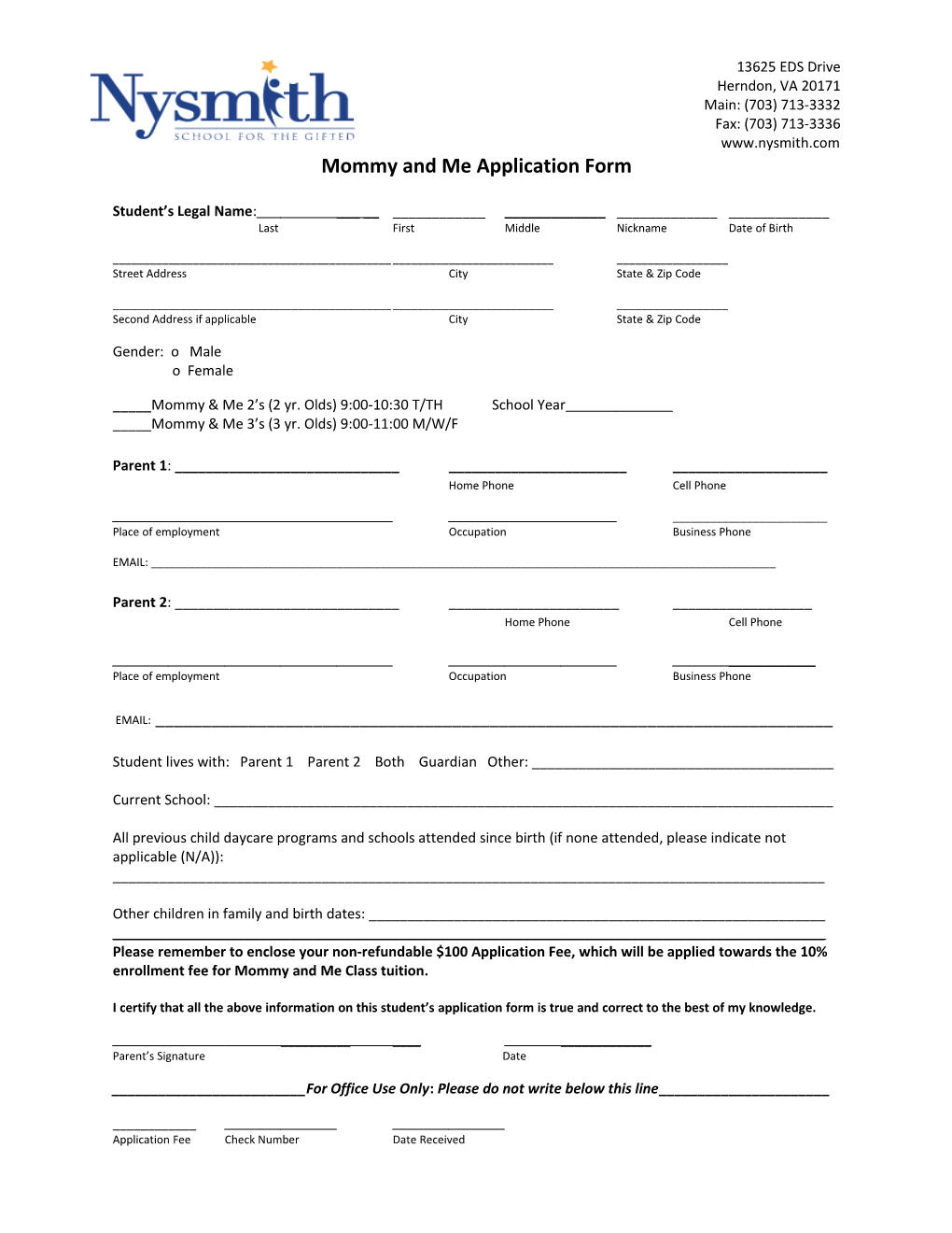 Mommy and Me Application Form