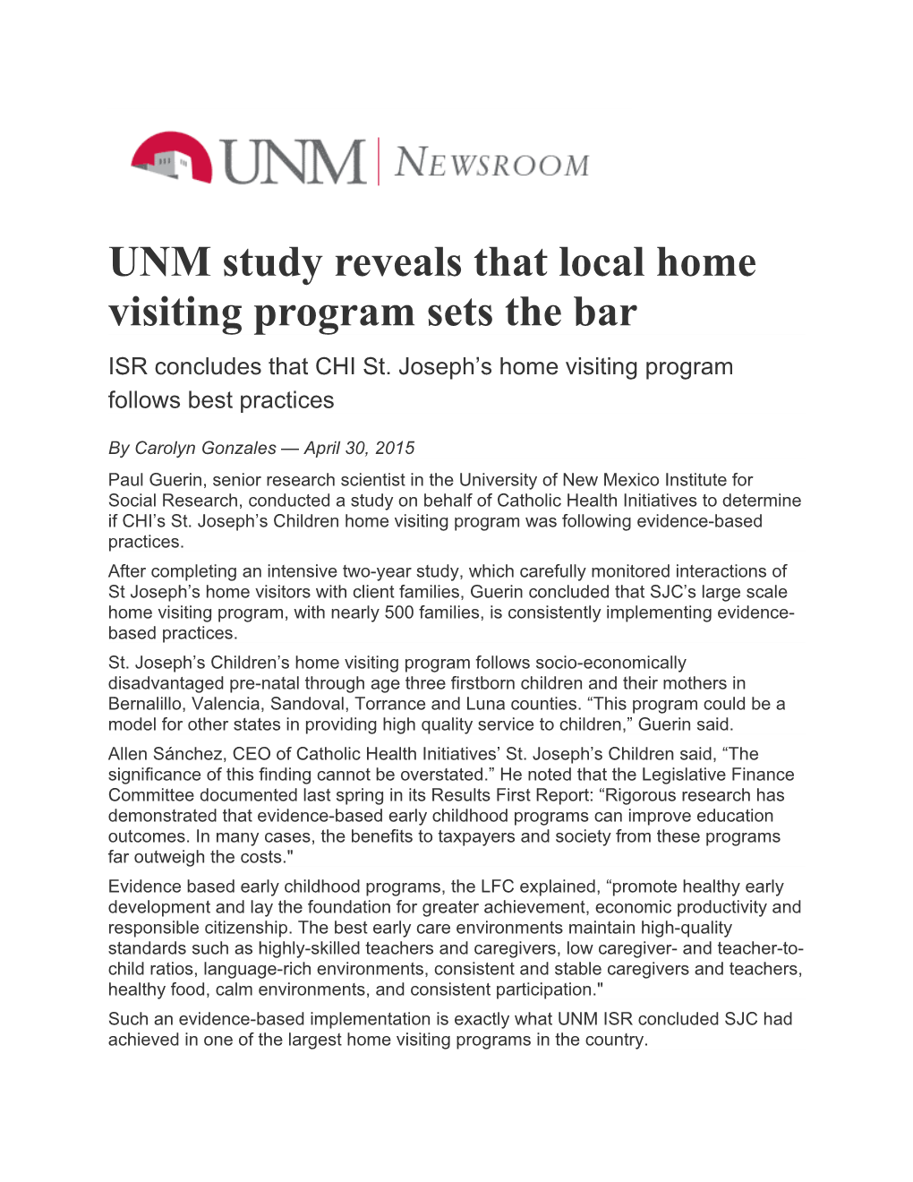 UNM Study Reveals That Local Home Visiting Program Sets the Bar