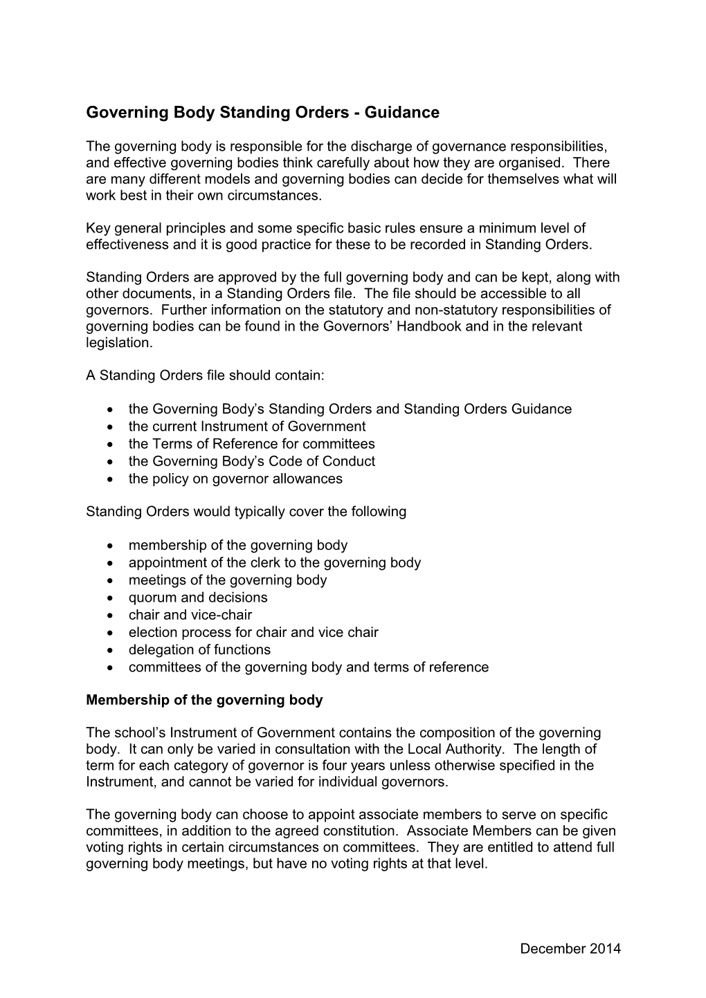 Governing Body Standing Orders - Guidance