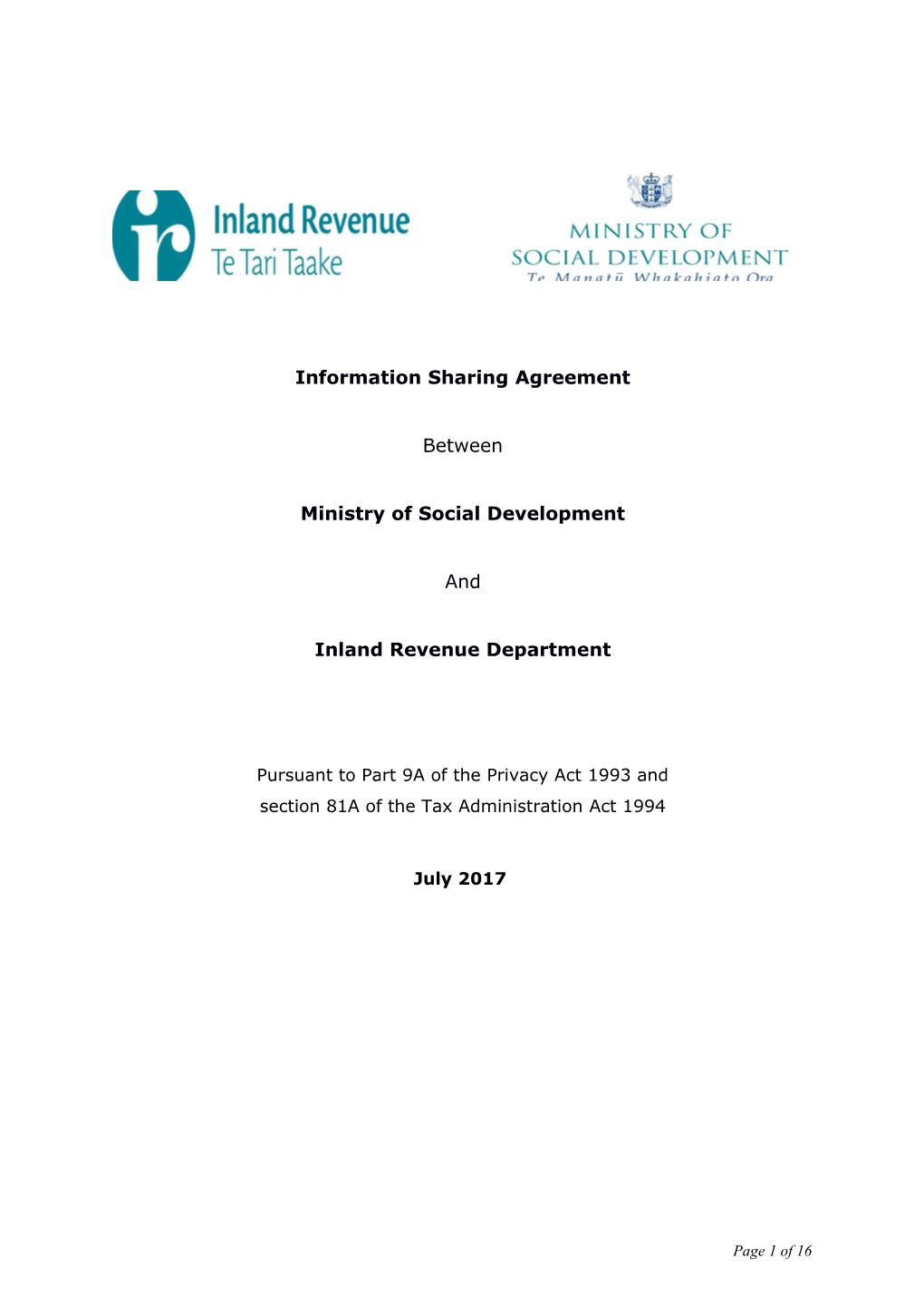 Information Sharing Agreement Between Ministry of Social Development and Inland Revenue