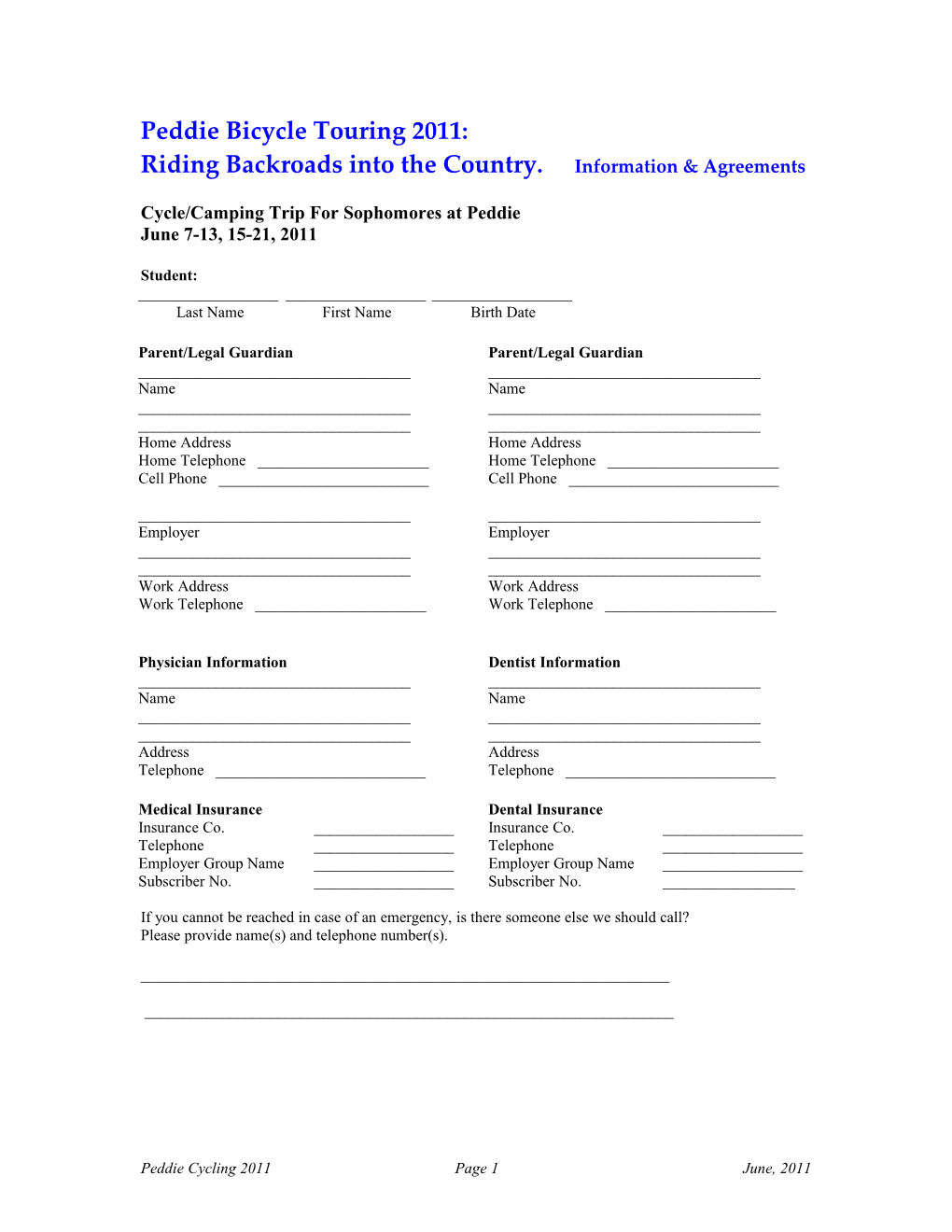 Peddie Bike Trip Forms