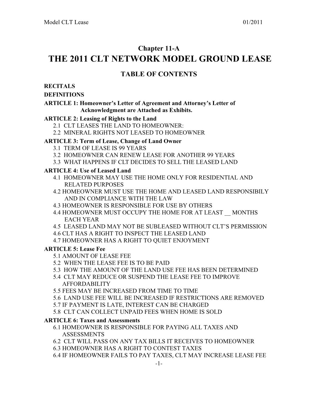 The 2011 Clt Network Model Ground Lease