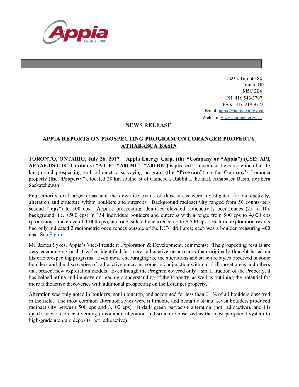 Appia Reports on Prospecting Program on Loranger Property,Athabasca Basin