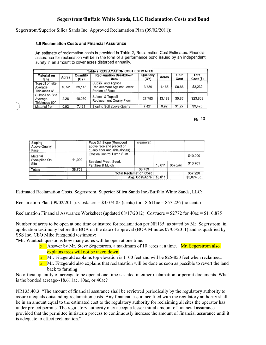 Segerstrom/Buffalo White Sands, LLC Reclamation Costs and Bond