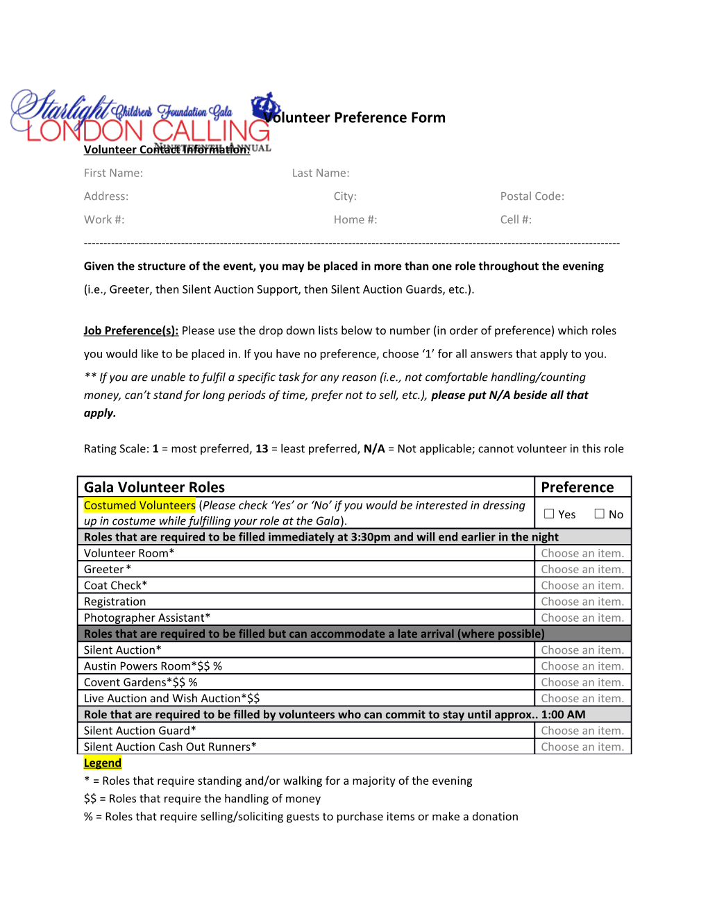 Volunteer Preference Form