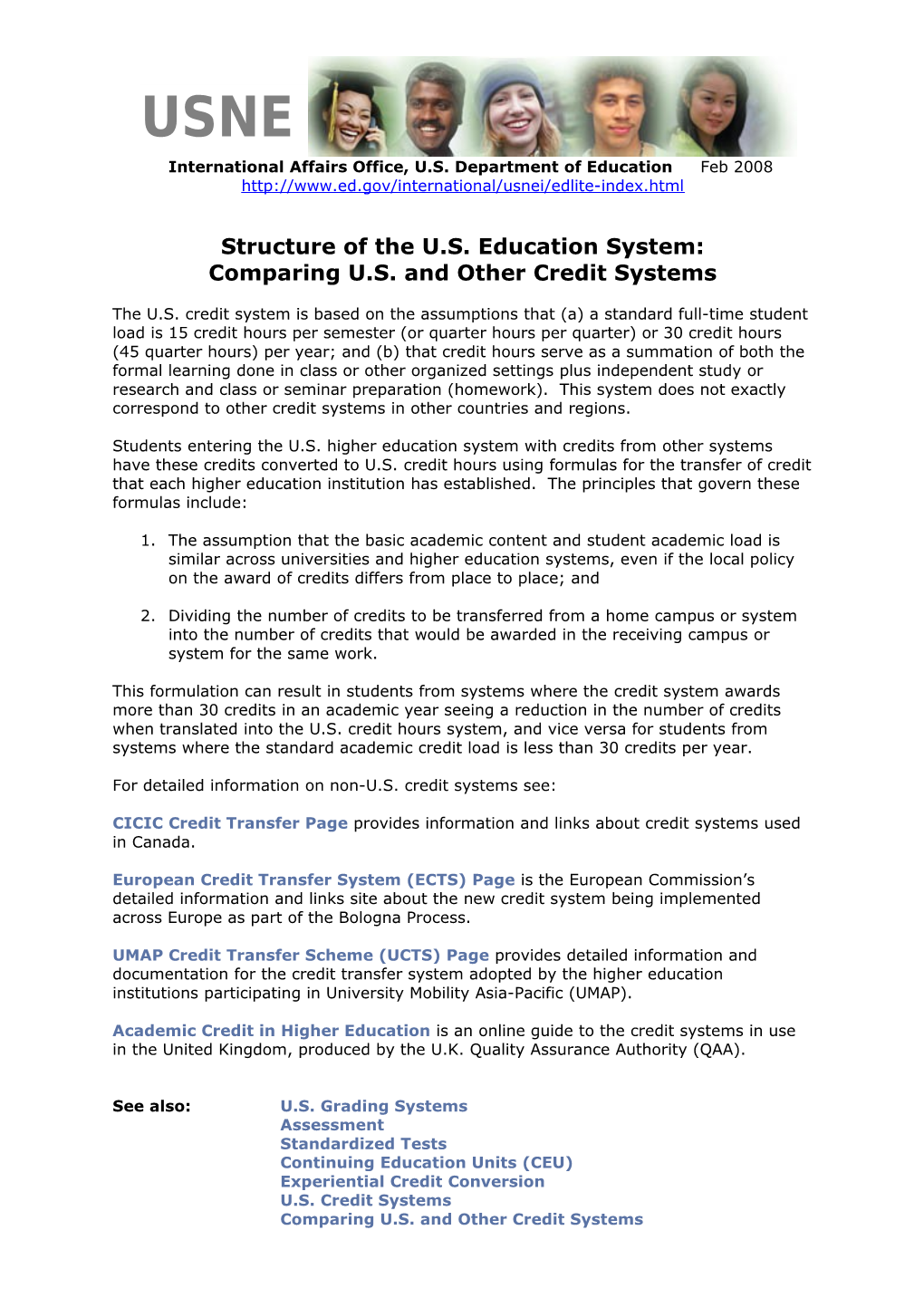 Structure of the US Education System: Comparing US and Other Credit Systems (MS Word)