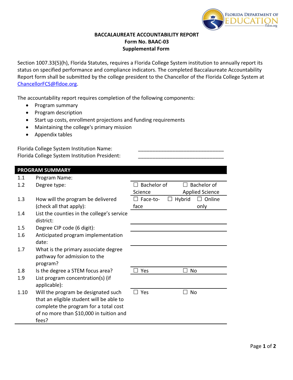 Baccalaureate Accountability Report