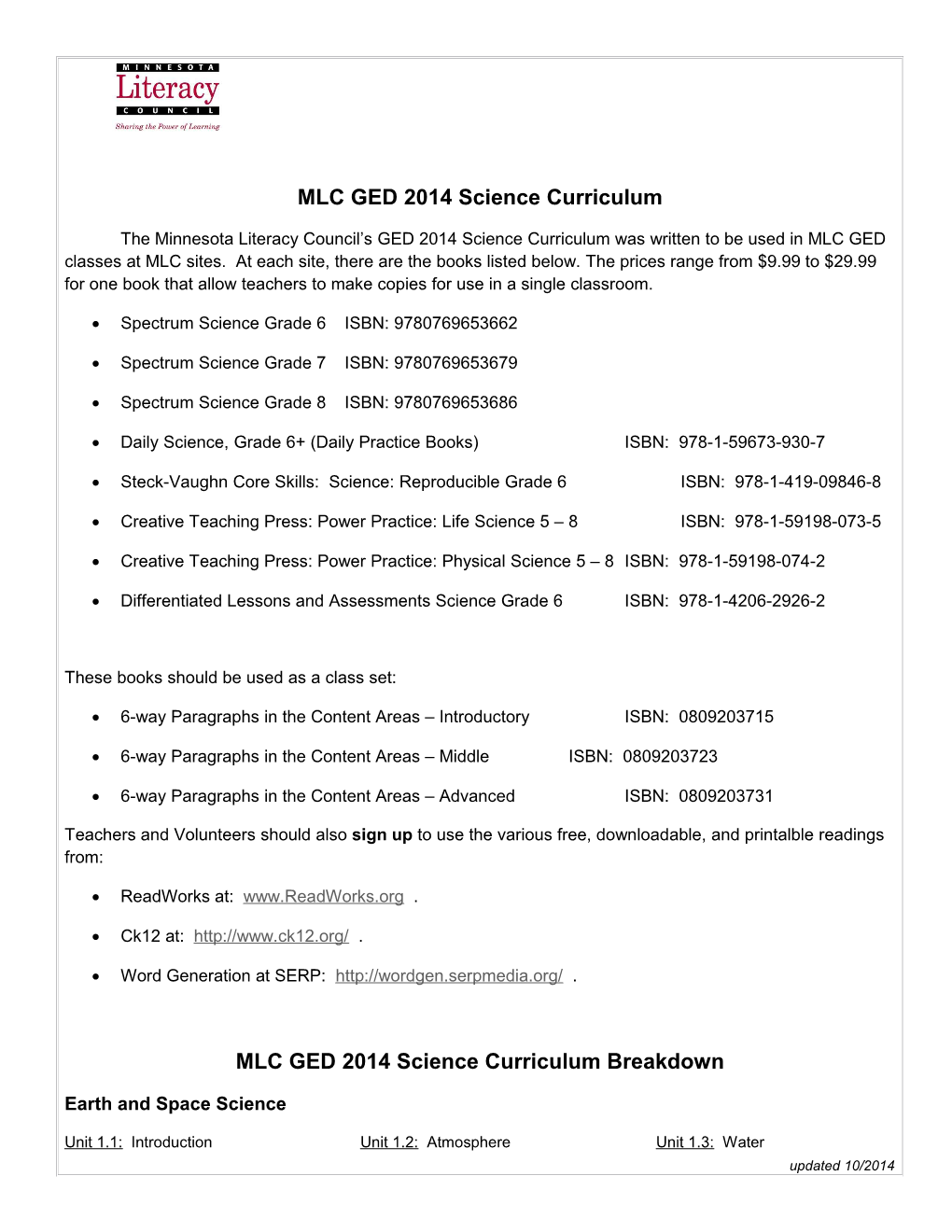MLC GED 2014 Science Curriculum