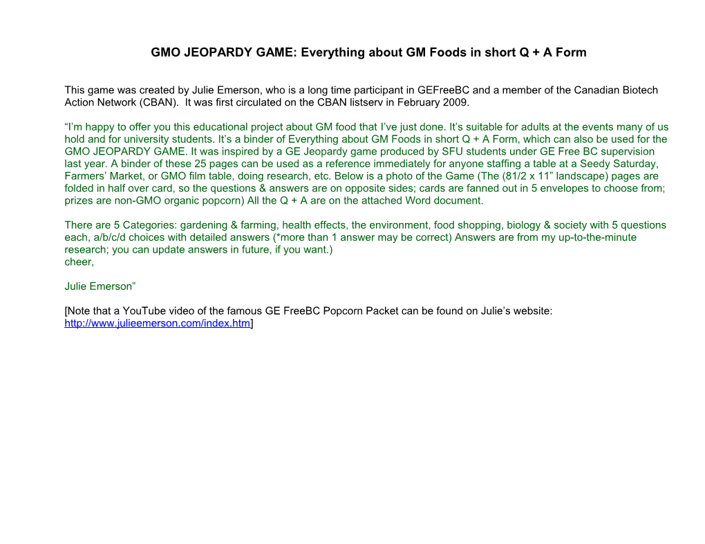GMO JEOPARDY GAME: Everything About GM Foods in Short Q + a Form
