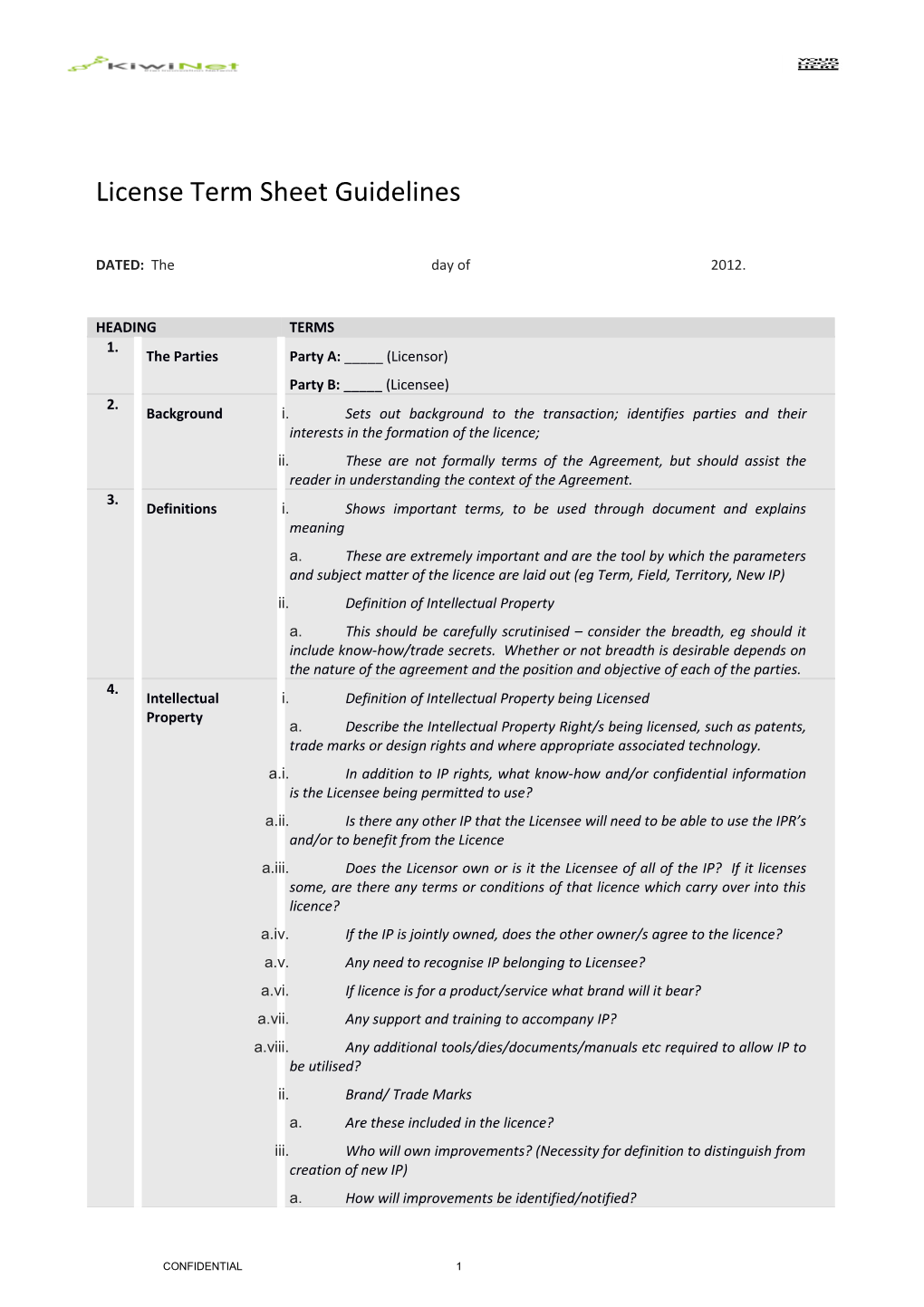 License Term Sheet Guidelines