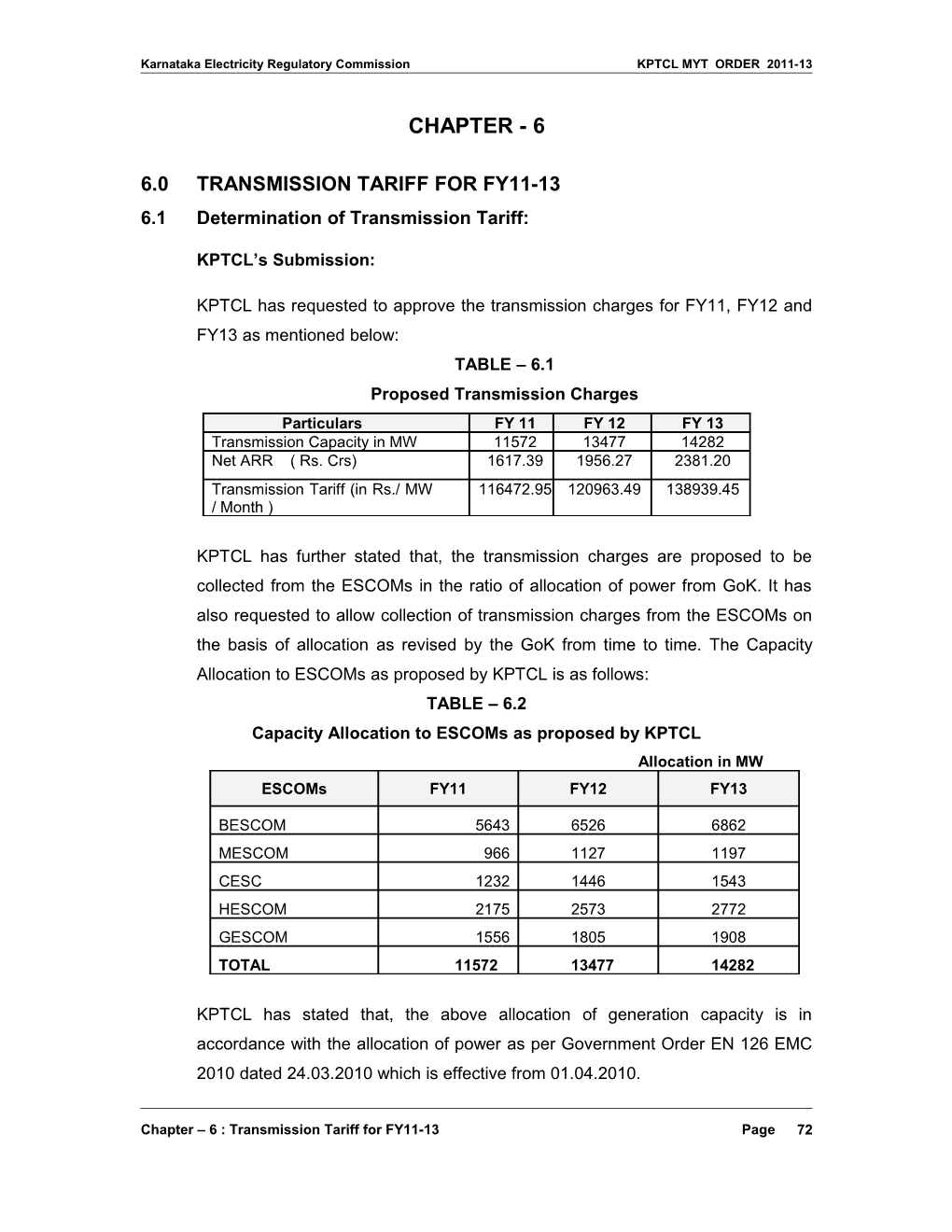 Karnataka Electricity Regulatory Commission KPTCL MYT ORDER 2011-13