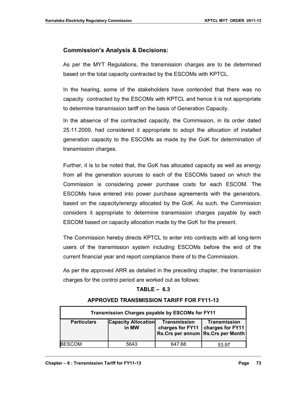 Karnataka Electricity Regulatory Commission KPTCL MYT ORDER 2011-13