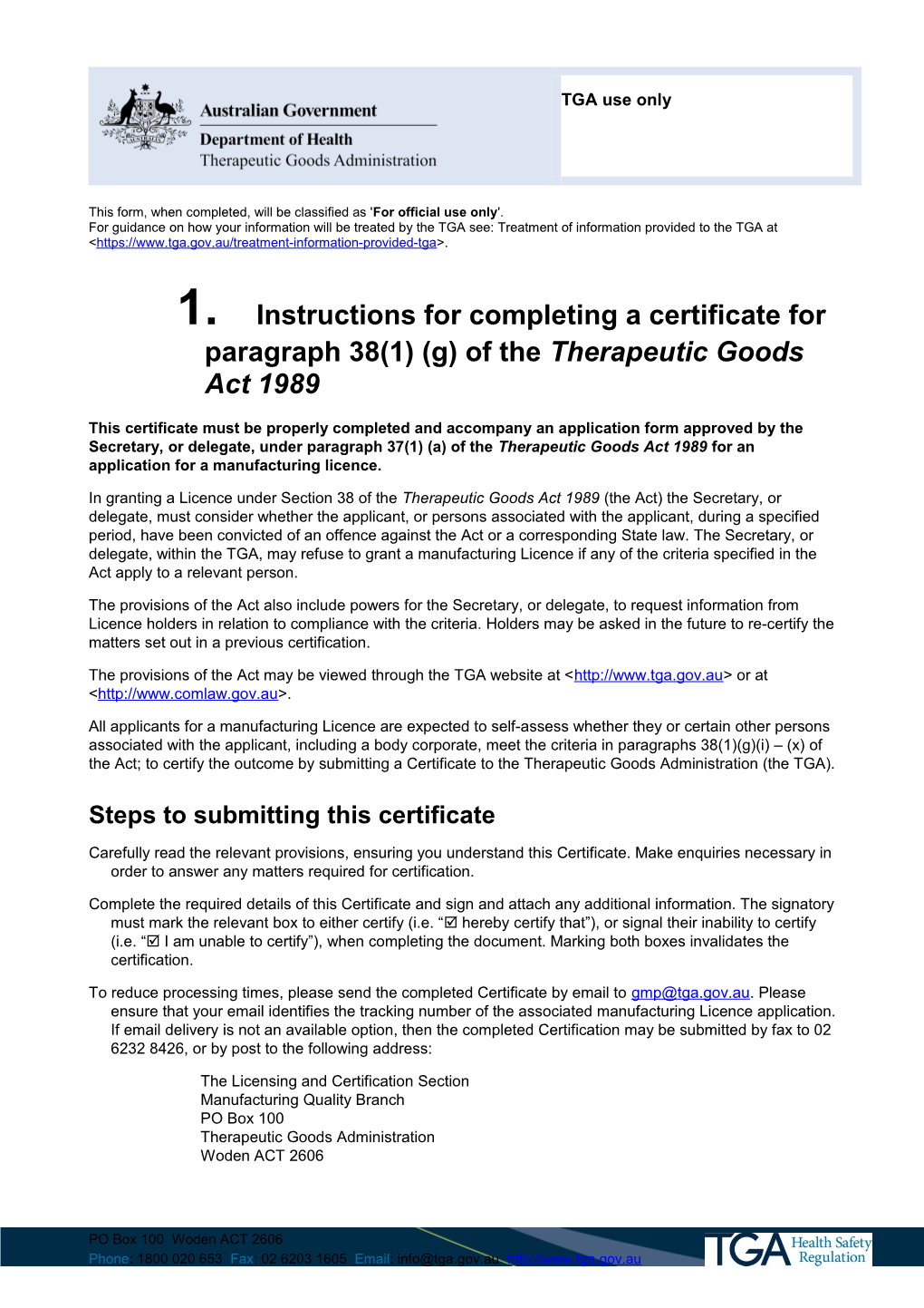 Instructions for Completing a Certificate for Paragraph 38(1) (G) of the Therapeutic Goods