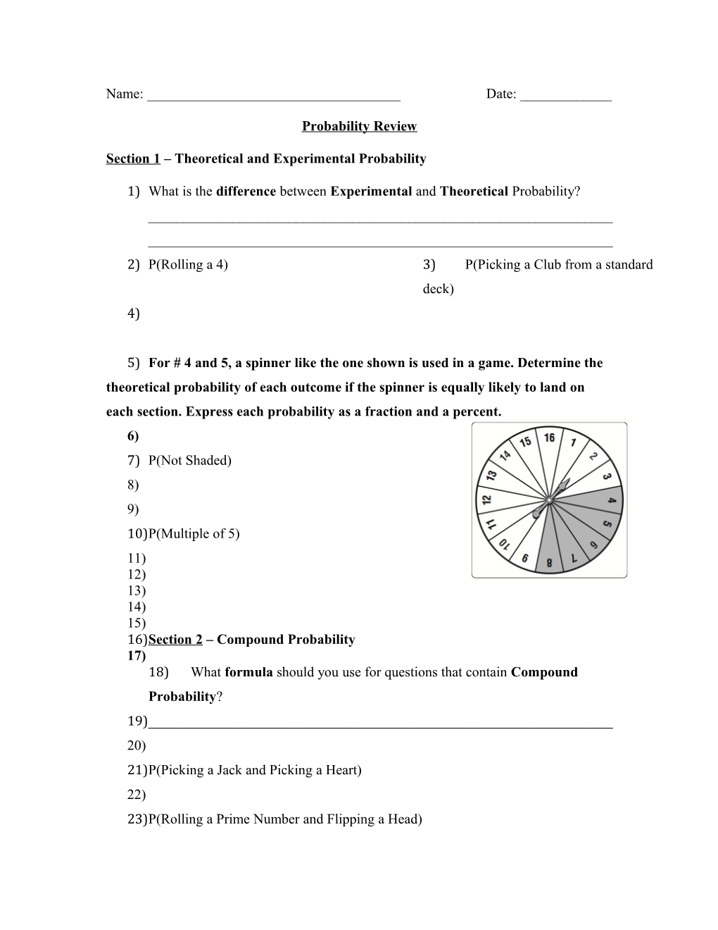 Section 1 Theoretical and Experimental Probability