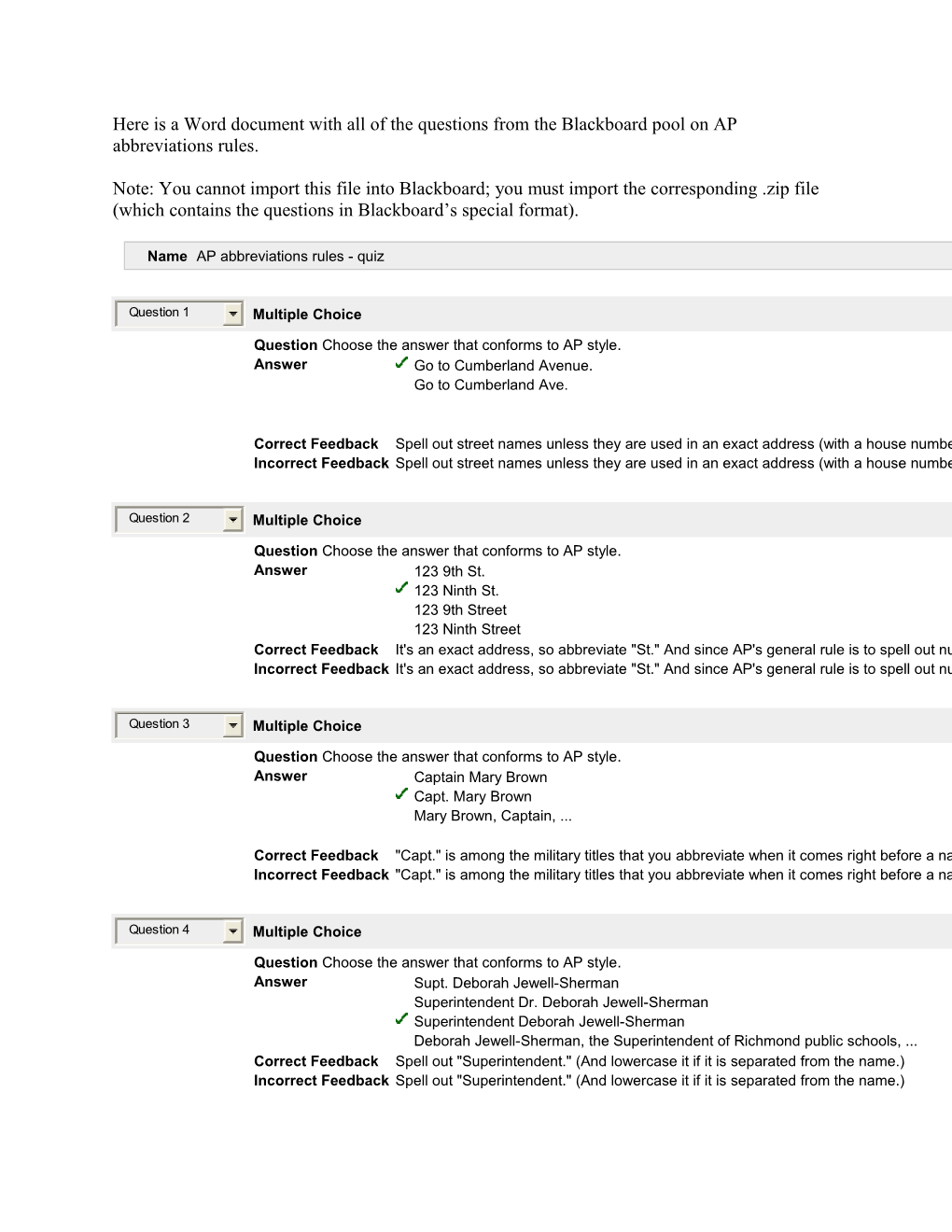 Here Is a Word Document with All of the Questions from the Blackboard Pool on AP Abbreviations