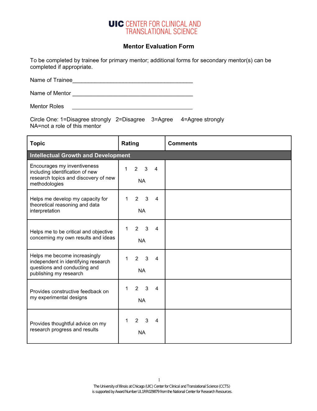 CCTS Mentor Evaluation Form