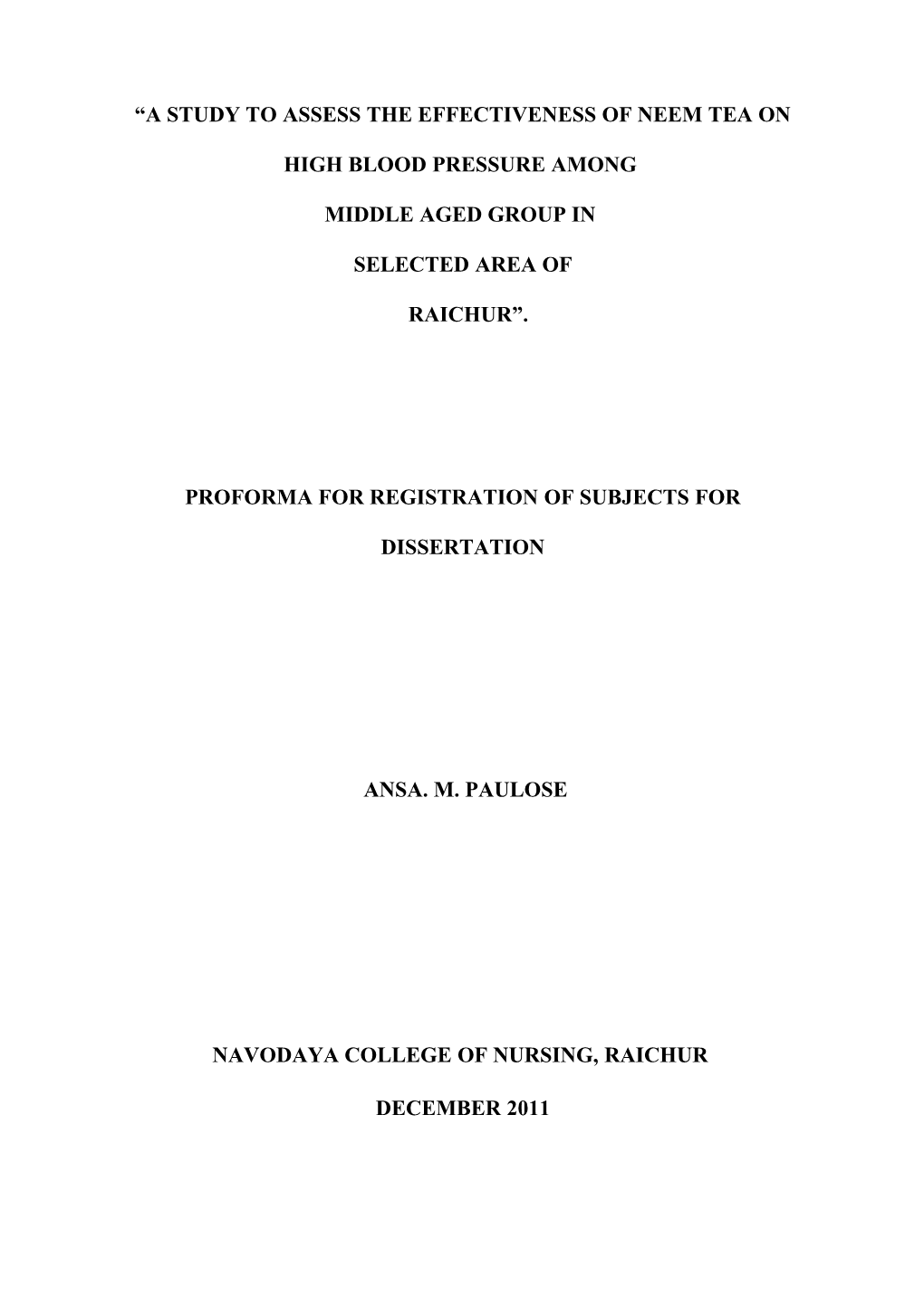 A Study to Assess the Effectiveness of Neem Tea on High Blood Pressure Among