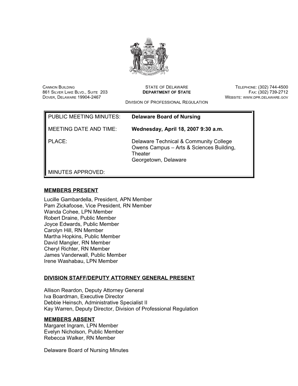 PUBLIC MEETING MINUTES: Delawareboard of Nursing