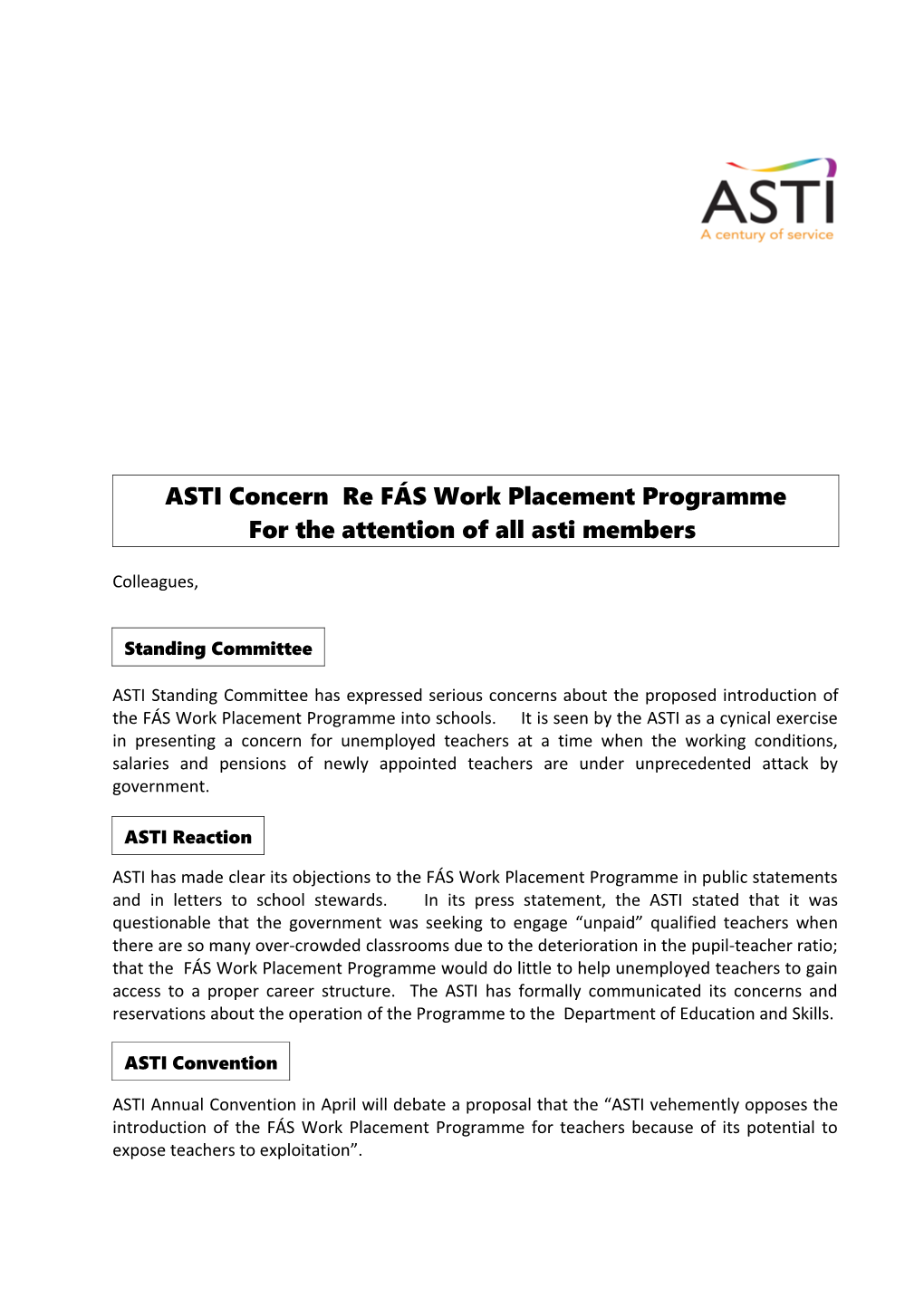 ASTI Concern Re FÁS Work Placement Programme