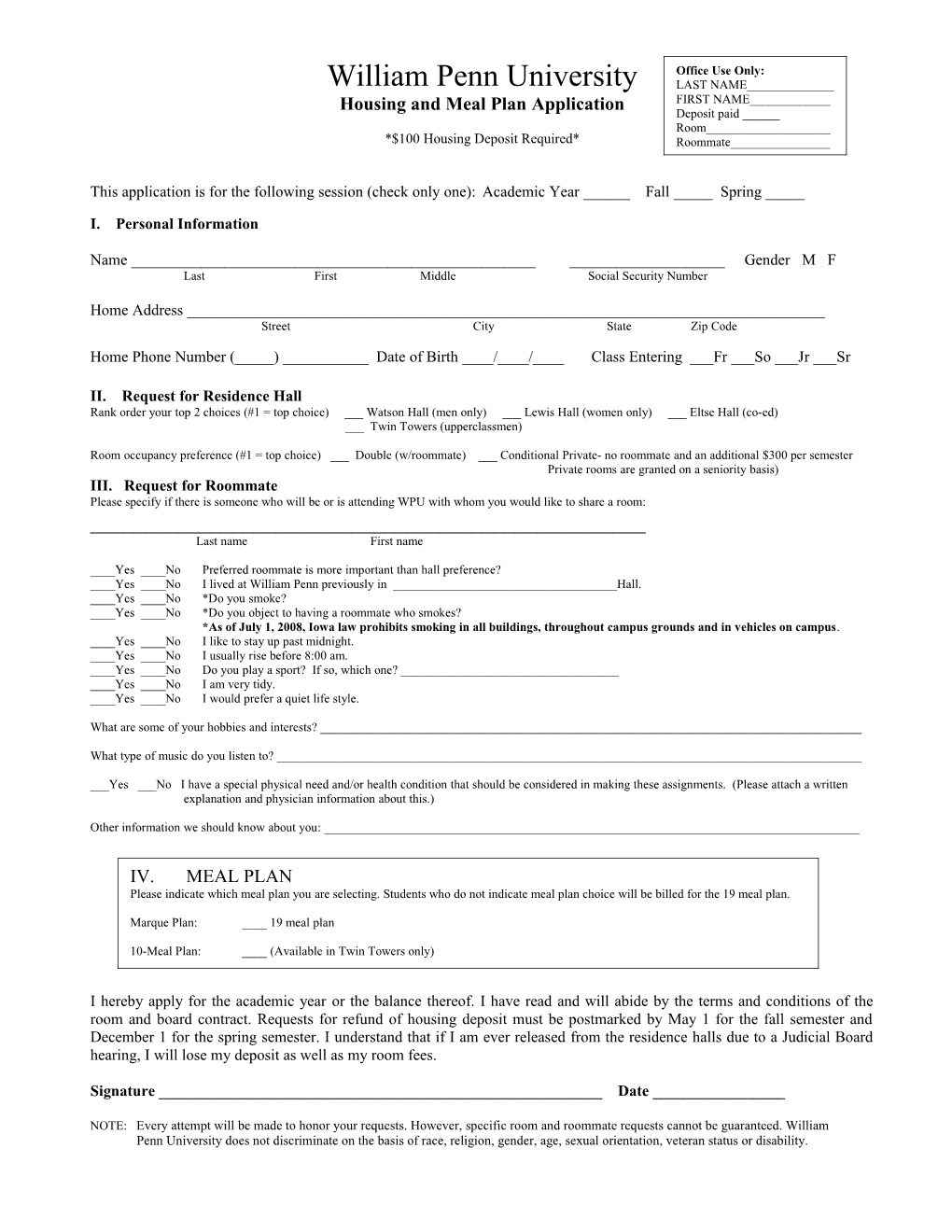 Housing and Meal Plan Application