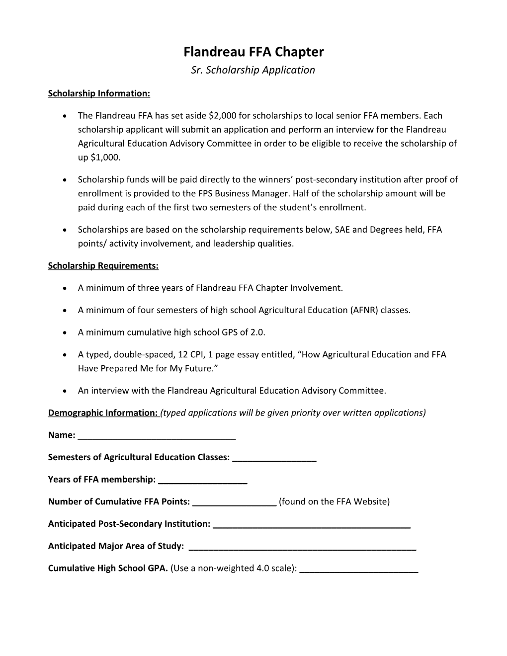 Flandreau FFA Chapter Sr. Scholarship Application