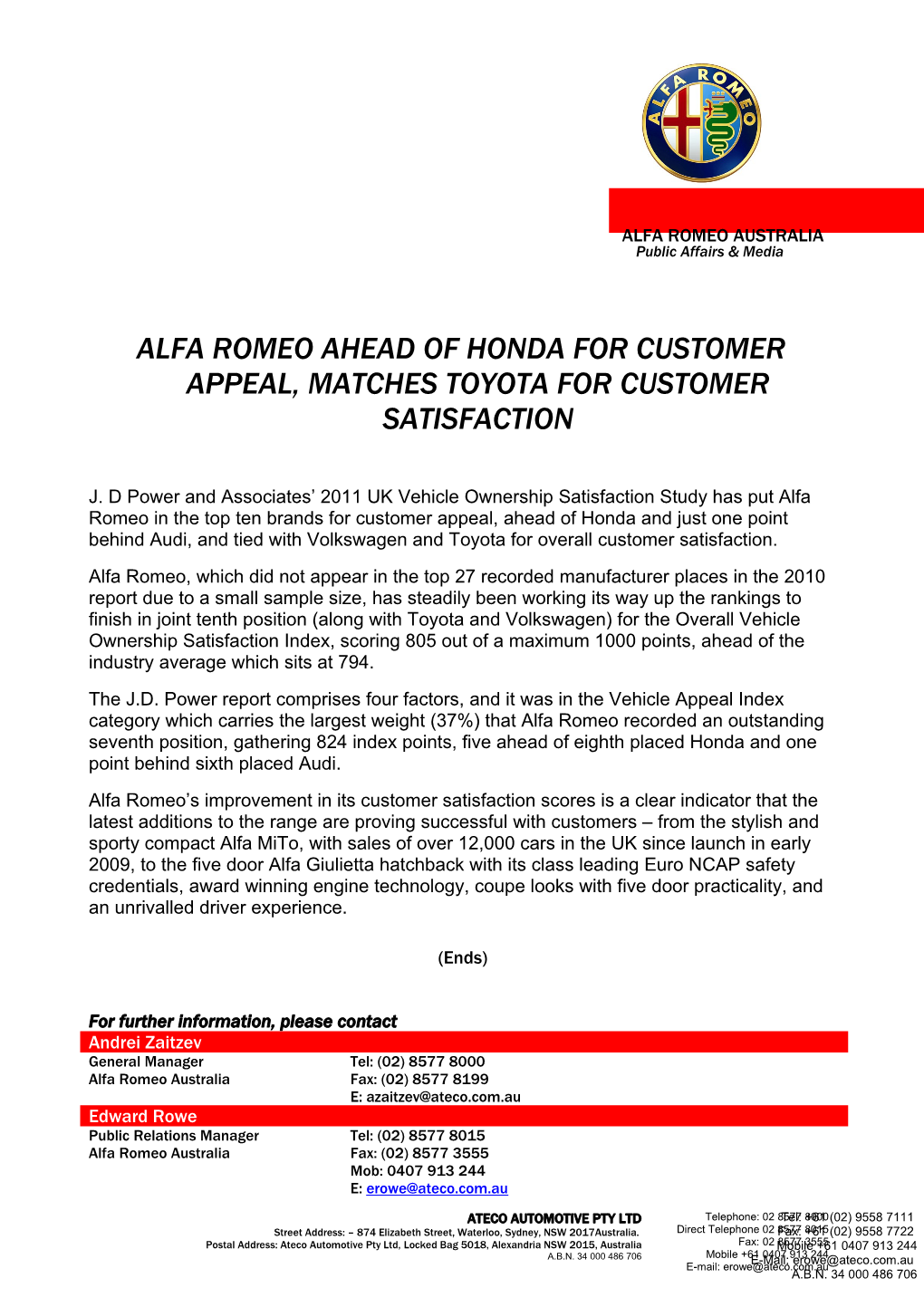 Alfa Romeo Ahead of Honda for Customer Appeal, Matches Toyota for Customer Satisfaction