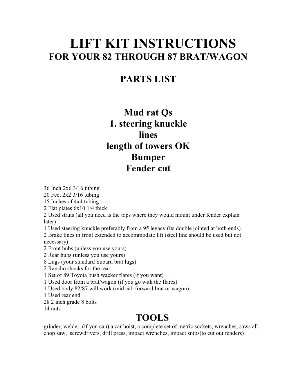 For Your 82 Through 87 Brat/Wagon