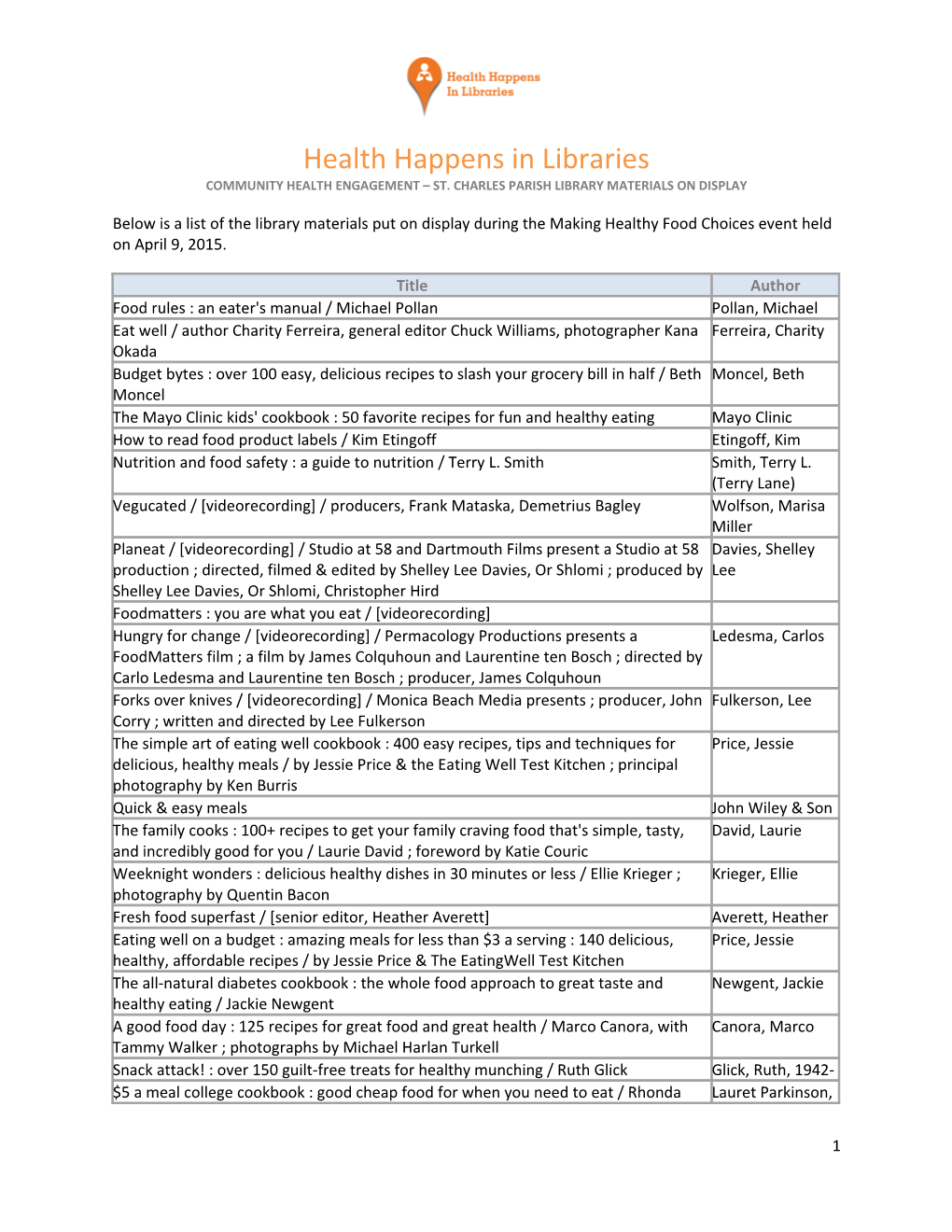 Community Health Engagement St. Charles Parish Library Materials on Display