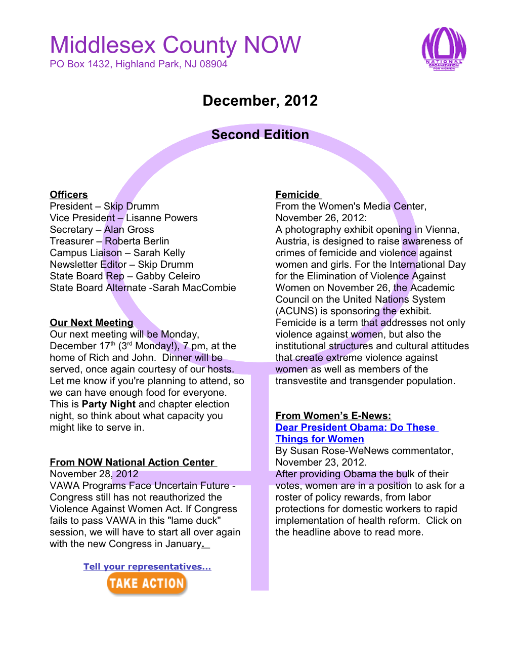 Middlesex County NOW Newsletter, 2Nd Edition, December 2012