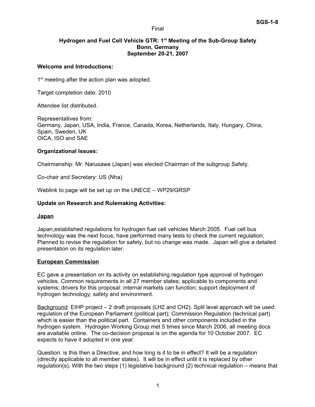 Hydrogen and Fuel Cell Vehicle GTR: 1St Meeting of the Sub-Group Safety