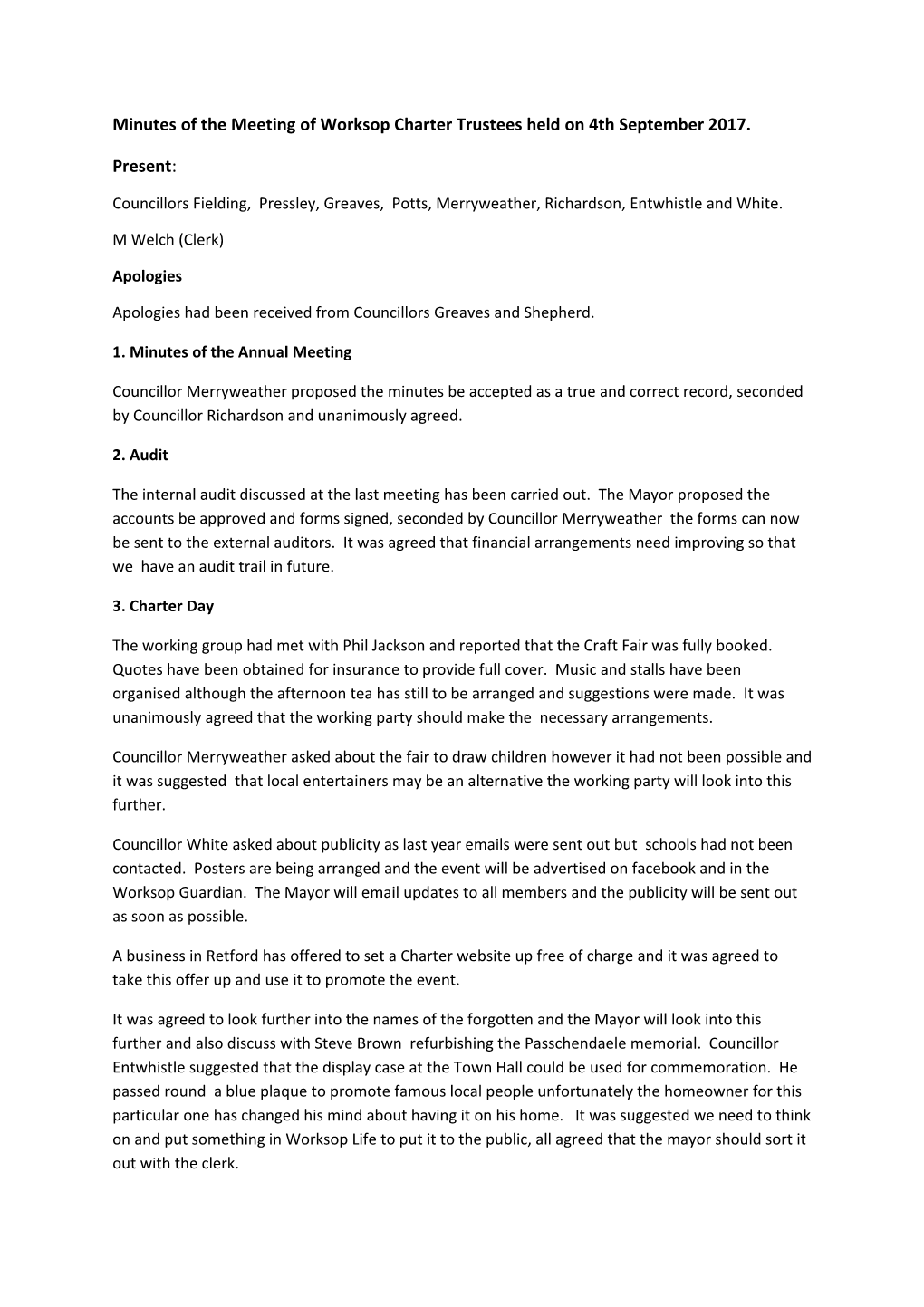 Minutes of the Meeting of Worksop Charter Trustees Held on 4Th September 2017