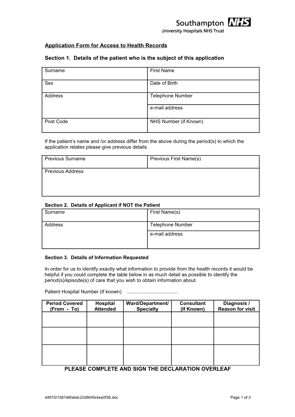 Application Form for Access to Health Records