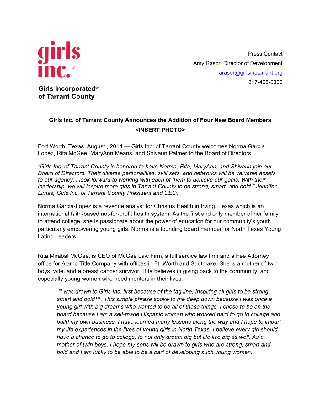 Girls Inc. Oftarrant County Announces the Addition of Four New Board Members