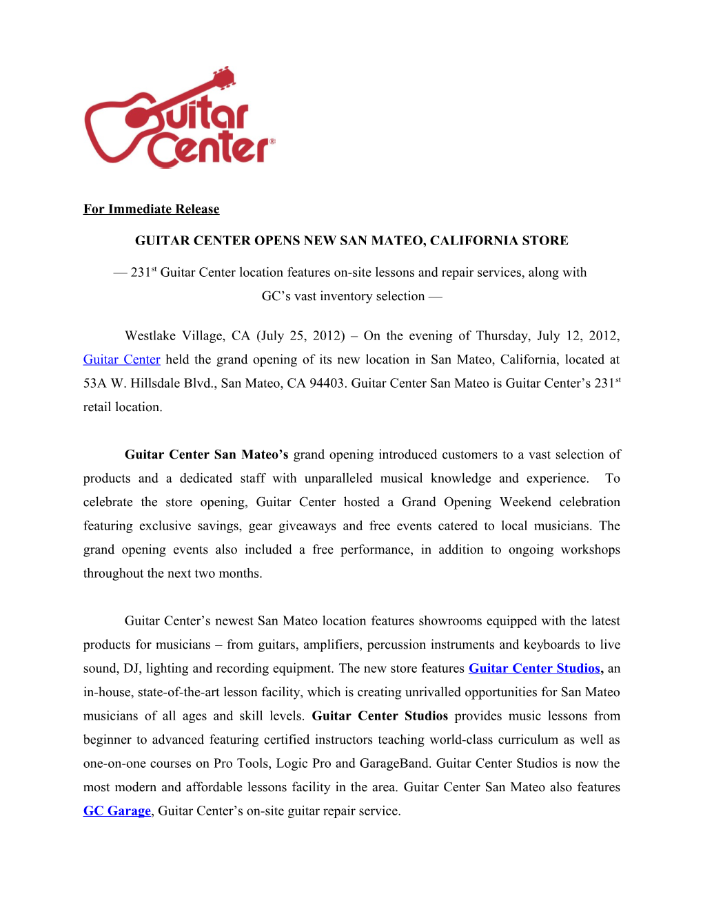 Guitar Center Opens New San Mateo, California Store