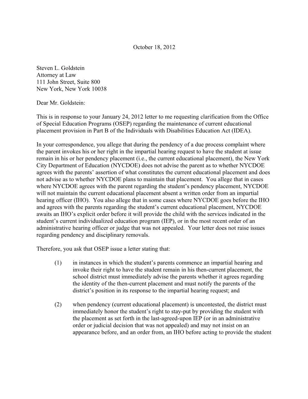 Policy Letter to Goldstein 10-18-12
