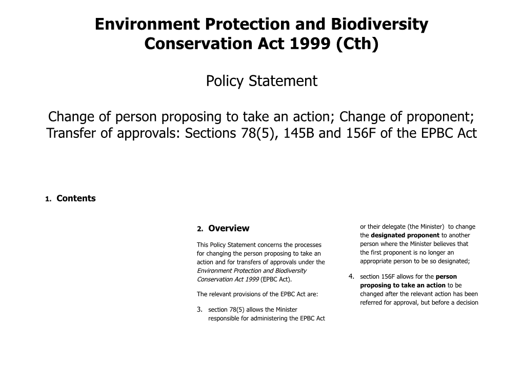EPBC Act 1999 - Policy Statement: Change of Person Proposing to Take an Action; Change