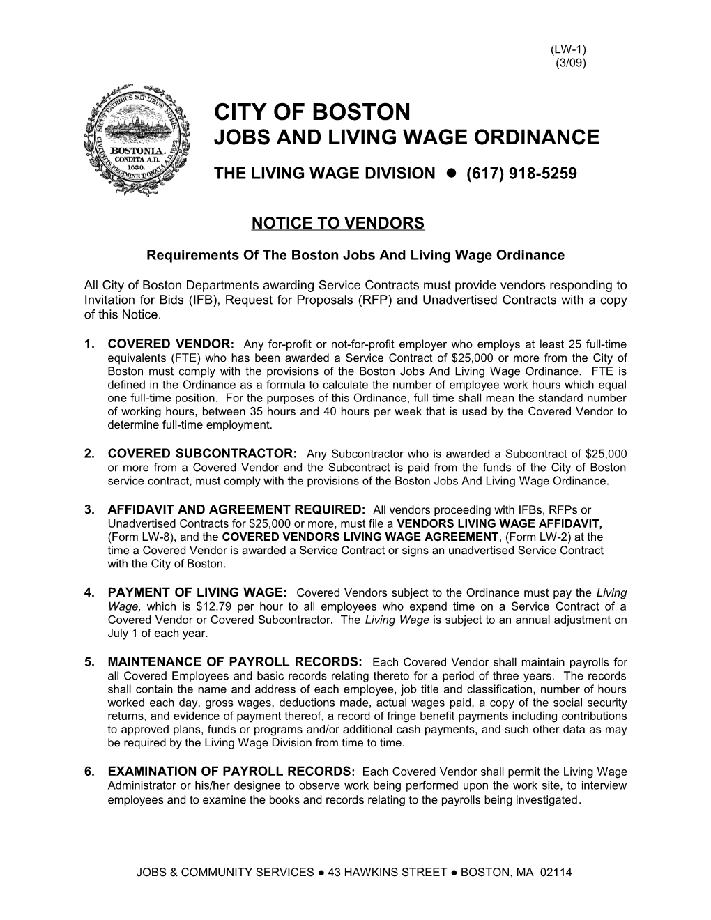 Requirements of the Boston Jobs and Living Wage Ordinance