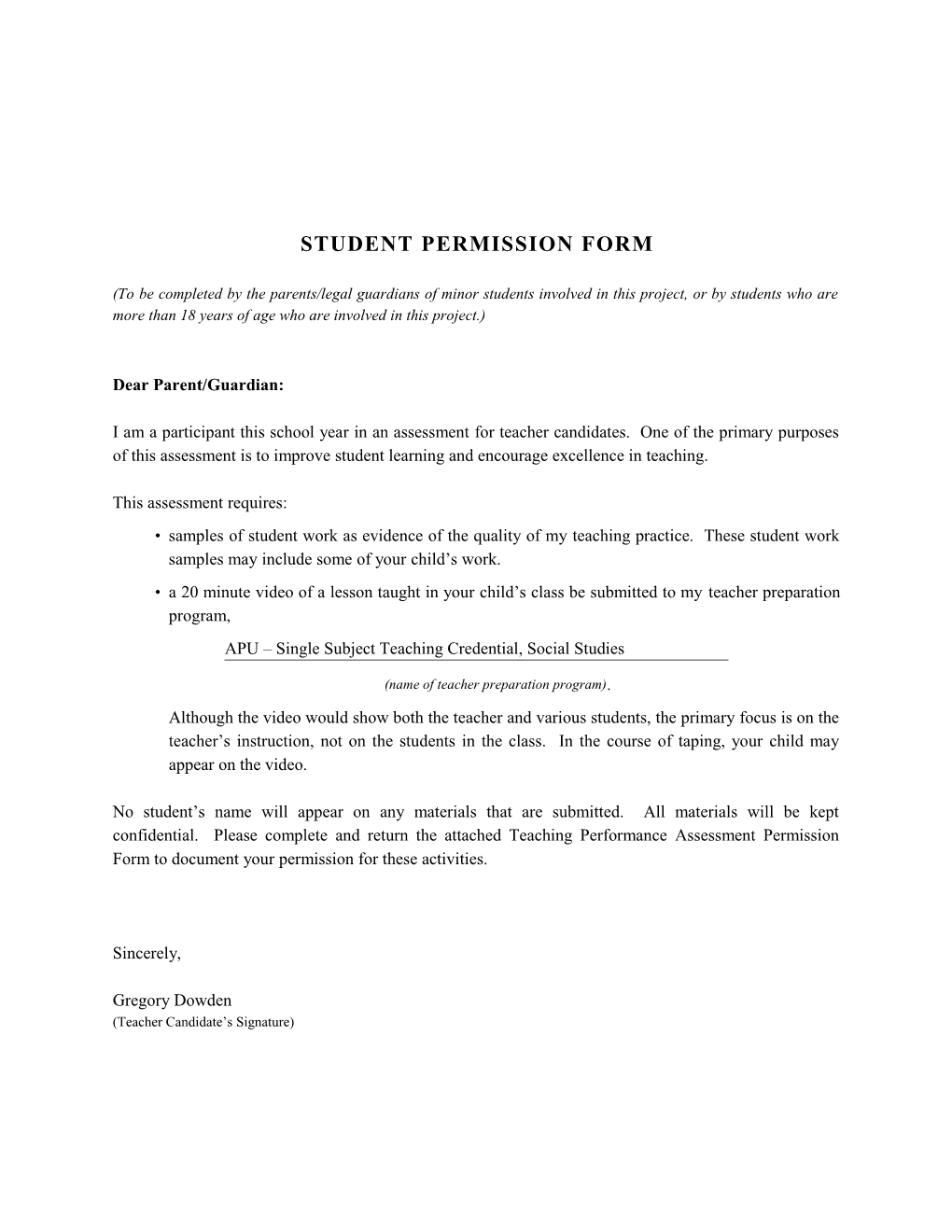 Student Permission Form